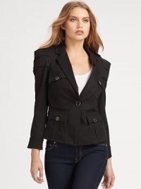 THE LOOKNotched collar One button front Epaulettes Pleated shoulders at sleeves Long sleeves with button turnback cuffs Four button flap pockets at front Dual welt pockets Seamed back yokeTHE FITAbout 20½ from shoulder to hemTHE MATERIALMerino wool 97% cotton/3% spandex Geographic map print cotton liningCARE & ORIGINDry clean Imported THE LOOKNotched collar One button front Epaulettes Pleated shoulders at sleeves Long sleeves with button turnback cuffs Four button flap pockets at front Dual welt pockets Seamed back yokeTHE FITAbout 20½ from shoulder to hemTHE MATERIALMerino wool 97% cotton/3% spandex Geographic map print cotton liningCARE & ORIGINDry clean Imported