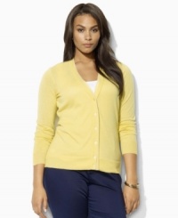Lauren by Ralph Lauren's essential plus size cardigan is finished with chic chiffon trim at the placket for modern femininity. Lauren by Ralph Lauren's essential plus size cardigan is finished with chic chiffon trim at the placket for modern femininity.