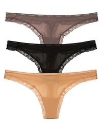 A basic thong with intricate lace trim and logo stamped waistband. Style #D3445 A basic thong with intricate lace trim and logo stamped waistband. Style #D3445