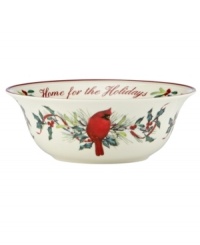 Perfect for serving holiday sides, this Lenox Winter Greetings bowl combines everything that's beautiful about the season in fine ivory porcelain. With the words, home for the holidays, it also makes a thoughtful gift. Perfect for serving holiday sides, this Lenox Winter Greetings bowl combines everything that's beautiful about the season in fine ivory porcelain. With the words, home for the holidays, it also makes a thoughtful gift.