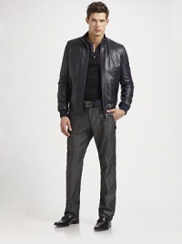 A new way to wear denim, tailored with a trouser-style fit and an addition of Lycra for a smoother drape and crisp crease. Side slash, back welt pockets Inseam, about 32 68% cotton/32% Lycra Dry clean Imported A new way to wear denim, tailored with a trouser-style fit and an addition of Lycra for a smoother drape and crisp crease. Side slash, back welt pockets Inseam, about 32 68% cotton/32% Lycra Dry clean Imported