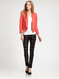 Vibrant cotton crepe, closely-cropped and tailored in a sleek open-front blazer.Foldover neckline and lapelDefined shouldersThree-quarter sleevesSlash pocketsBack shaping seamsAbout 21 from shoulder to hem98% cotton/2% spandexDry cleanImportedModel shown is 5'9 (175cm) wearing US size Small. Vibrant cotton crepe, closely-cropped and tailored in a sleek open-front blazer.Foldover neckline and lapelDefined shouldersThree-quarter sleevesSlash pocketsBack shaping seamsAbout 21 from shoulder to hem98% cotton/2% spandexDry cleanImportedModel shown is 5'9 (175cm) wearing US size Small.