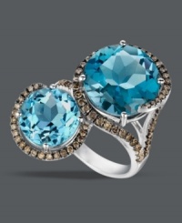 Double your glamour. Your fingers will really shine in Le Vian's stunning two-stone ring. Crafted from 14k white gold, two large round-cut blue topaz gemstones (8-3/8 ct. t.w.) stand out against swirls of round-cut chocolate diamonds (5/8 ct. t.w.). Double your glamour. Your fingers will really shine in Le Vian's stunning two-stone ring. Crafted from 14k white gold, two large round-cut blue topaz gemstones (8-3/8 ct. t.w.) stand out against swirls of round-cut chocolate diamonds (5/8 ct. t.w.).