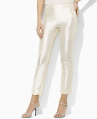 Crisp silk dupioni gives off a brilliant luster on Lauren by Ralph Lauren's pants, rendered in a slim-fitting silhouette. Crisp silk dupioni gives off a brilliant luster on Lauren by Ralph Lauren's pants, rendered in a slim-fitting silhouette.