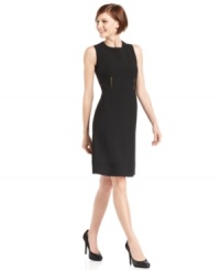 An elegant sheath dress gets a modern makeover with metal bar ornaments in front and an exposed zipper in the back. Wear it alone or with a coordinating jacket from Calvin Klein's work separates collection. An elegant sheath dress gets a modern makeover with metal bar ornaments in front and an exposed zipper in the back. Wear it alone or with a coordinating jacket from Calvin Klein's work separates collection.