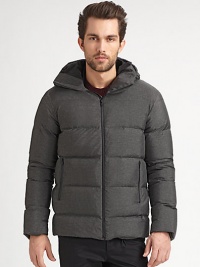 Rich and sophisticated textures elevate this sleek quilted outerwear style featuring an attached hood for added warmth and style.Zip frontStand collarAttached hoodSide zip pocketsAbout 29 from shoulder to hem57% nylon/43% polyesterDry cleanImported Rich and sophisticated textures elevate this sleek quilted outerwear style featuring an attached hood for added warmth and style.Zip frontStand collarAttached hoodSide zip pocketsAbout 29 from shoulder to hem57% nylon/43% polyesterDry cleanImported