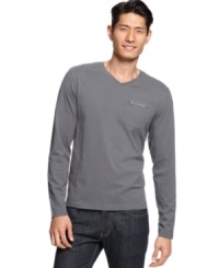 Solid long sleeve fitted t-shirt by Alfani RED with zip pocket at chest.
