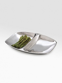 A sleek, utterly modern serving piece crafted in smooth metal allow with sloping lines and a divided compartment ideal for complementary hors d'oeuvres. Metal 15W X 2H X 11D Imported A sleek, utterly modern serving piece crafted in smooth metal allow with sloping lines and a divided compartment ideal for complementary hors d'oeuvres. Metal 15W X 2H X 11D Imported