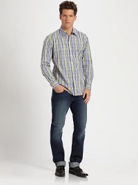 Cool, cotton classic in a neat check pattern with signature logo detail on the placket.Button-frontPoint collarCottonDry cleanImported Cool, cotton classic in a neat check pattern with signature logo detail on the placket.Button-frontPoint collarCottonDry cleanImported