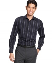 Set yourself up for success with this sharp striped shirt from Alfani BLACK. Set yourself up for success with this sharp striped shirt from Alfani BLACK.