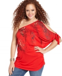 Look party-perfect this weekend with Baby Phat's one-shoulder plus size top, featuring a sexy snakeskin print. Look party-perfect this weekend with Baby Phat's one-shoulder plus size top, featuring a sexy snakeskin print.