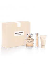 Celebrate this holiday season with the exceptional fragrance of ELIE SAAB Le Parfum. Set includes: Eau de parfum spray, 3 oz.; eau de parfum mini spray, 0.3 oz. and luxurious body cream, 1 oz. Made in France. 