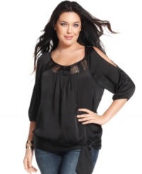 Show off your sassy side in DKNY Jeans' three-quarter-sleeve plus size top, highlighted by lace trim and cutouts. Show off your sassy side in DKNY Jeans' three-quarter-sleeve plus size top, highlighted by lace trim and cutouts.