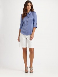 A decidedly feminine take on a traditional tailored design, thanks to pretty patch pockets and flattering Princess seams.Collar neckCuffed three-quarter sleevesUnique patch pocketsPrincess seamsButton frontBack yokeAbout 25 from shoulder to hem92% silk/8% elastaneDry cleanImported of Italian fabric Model shown is 5'9½ (176cm) wearing US size Small. OUR FIT MODEL RECOMMENDS ordering true size. A decidedly feminine take on a traditional tailored design, thanks to pretty patch pockets and flattering Princess seams.Collar neckCuffed three-quarter sleevesUnique patch pocketsPrincess seamsButton frontBack yokeAbout 25 from shoulder to hem92% silk/8% elastaneDry cleanImported of Italian fabric Model shown is 5'9½ (176cm) wearing US size Small. OUR FIT MODEL RECOMMENDS ordering true size.