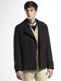 Classic wool peacoat with detachable lining and velvet detail under the collar.Double-breastedCotton piping on the insideFront flap pockets and front vertical pocketsAttached back beltAbout 28.7 longWoolDry cleanMade in Italy Classic wool peacoat with detachable lining and velvet detail under the collar.Double-breastedCotton piping on the insideFront flap pockets and front vertical pocketsAttached back beltAbout 28.7 longWoolDry cleanMade in Italy