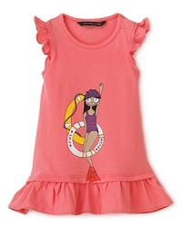 Perfect for all her land and sea excursions, this cute, fun and frilly dress features a signature Miss Marc print and ruffles at the shoulder and hem. Perfect for all her land and sea excursions, this cute, fun and frilly dress features a signature Miss Marc print and ruffles at the shoulder and hem.