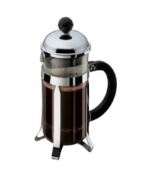 Bodum's coffee press is recognized worldwide as one the best ways to brew coffee. Imagine a cup, made to your liking in just 4 minutes! Expertly crafted with a stainless steel filter system, heat-resistant borosilicate glass beaker and stay cool handle and knob. Makes 3 cups. Two-year limited warranty. Bodum's coffee press is recognized worldwide as one the best ways to brew coffee. Imagine a cup, made to your liking in just 4 minutes! Expertly crafted with a stainless steel filter system, heat-resistant borosilicate glass beaker and stay cool handle and knob. Makes 3 cups. Two-year limited warranty.