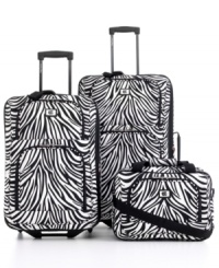 Go wild. Take control. This safari-style luggage set stands out in zebra stripes, mixing in handy travel features -- like expandability options on both uprights -- to carry you effortlessly to your next destination. Five-year warranty. Go wild. Take control. This safari-style luggage set stands out in zebra stripes, mixing in handy travel features -- like expandability options on both uprights -- to carry you effortlessly to your next destination. Five-year warranty.
