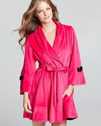 Bow down at bedtime in Betsey Johnson's velour robe with contrast bow and rosette details. Bow down at bedtime in Betsey Johnson's velour robe with contrast bow and rosette details.