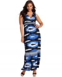 The boldest print in the coolest colors makes INC's plus size maxi dress a standout. A keyhole in back shows off a tantalizing hint of skin!