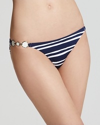 Statement stripes come about on PilyQ's nautical bikini bottom. Boasting hardware at the hips, this suit is on deck with a pair of flat sandals and a cotton tunic. Statement stripes come about on PilyQ's nautical bikini bottom. Boasting hardware at the hips, this suit is on deck with a pair of flat sandals and a cotton tunic.