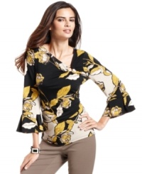 Asymmetrical detail and a vintage botanical print give this Alfani top unique character. Asymmetrical detail and a vintage botanical print give this Alfani top unique character.