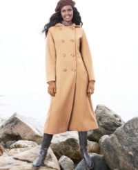 A dramatic hooded topper from Anne Klein keeps you warm in style. The elongated hem and double-breasted buttons put a fresh spin on a classic, tailored silhouette. A dramatic hooded topper from Anne Klein keeps you warm in style. The elongated hem and double-breasted buttons put a fresh spin on a classic, tailored silhouette.