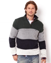 Smart and nifty is this 1/4 zip horizontal bold stripe sweater by Nautica.