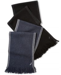 Adding a stylish edge to your cold-weather look: Nautica's muffler woven with contrast stripes at each selvedge. Adding a stylish edge to your cold-weather look: Nautica's muffler woven with contrast stripes at each selvedge.