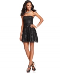 Sweet and saucy: BCBGMAXAZRIA's sequined dress is party-ready with a strapless mini silhouette and fully tiered skirt. Sweet and saucy: BCBGMAXAZRIA's sequined dress is party-ready with a strapless mini silhouette and fully tiered skirt.