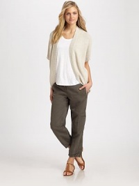 All-around feminine, a chic knit with a curved hem for a flattering look. Open-front styleDraped frontShort sleevesCurved hemBack seamAbout 26 from shoulder to hem55% linen/45% cottonDry cleanImported Model shown is 5'10 (177cm) wearing US size Small. All-around feminine, a chic knit with a curved hem for a flattering look. Open-front styleDraped frontShort sleevesCurved hemBack seamAbout 26 from shoulder to hem55% linen/45% cottonDry cleanImported Model shown is 5'10 (177cm) wearing US size Small.