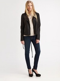 Lush, leopard-print shearling peeks out of this cropped leather style.Foldover necklineRaw-edge seamsAsymmetric front zipperZip pocketsAbout 21 from shoulder to hemDyed lamb shearlingDry clean by a fur specialistImportedFur origin: SpainModel shown is 5'11 (180cm) wearing US size Small. Lush, leopard-print shearling peeks out of this cropped leather style.Foldover necklineRaw-edge seamsAsymmetric front zipperZip pocketsAbout 21 from shoulder to hemDyed lamb shearlingDry clean by a fur specialistImportedFur origin: SpainModel shown is 5'11 (180cm) wearing US size Small.
