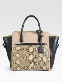 A beautiful blend of brushed glove tanned leather, soft felt and luxurious python in a roomy carryall design with a convenient removable zipper pouch.Double top handles, 5½ dropOpen topFour outside open pocketsOne detachable zip pouchTwo inside zip pocketsCotton lining12¾W X 13¾H X 4½DImported A beautiful blend of brushed glove tanned leather, soft felt and luxurious python in a roomy carryall design with a convenient removable zipper pouch.Double top handles, 5½ dropOpen topFour outside open pocketsOne detachable zip pouchTwo inside zip pocketsCotton lining12¾W X 13¾H X 4½DImported