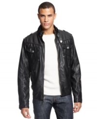 The moto with the mojo: X-Ray's faux leather moto jacket styled with epaulets, collar and cuff tabs, and a full complement of pockets. The moto with the mojo: X-Ray's faux leather moto jacket styled with epaulets, collar and cuff tabs, and a full complement of pockets.