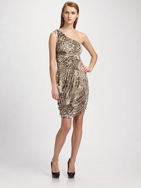 One-shoulder style, in an exotic animal print, is designed to drape softly with asymmetric ruching.One shoulder Ruched bodice and skirt About 28 from under arm to hem 92% polyester/8% elastane Dry clean Made in the USA of Italian fabric One-shoulder style, in an exotic animal print, is designed to drape softly with asymmetric ruching.One shoulder Ruched bodice and skirt About 28 from under arm to hem 92% polyester/8% elastane Dry clean Made in the USA of Italian fabric