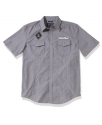 It comes in handy. Grab-and-go fashion and comfort take the work out of looking good with this short-sleeved, striped shirt from American Rag. It comes in handy. Grab-and-go fashion and comfort take the work out of looking good with this short-sleeved, striped shirt from American Rag.