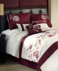 Romantic blossoms bloom upon a soothing white ground in this Haiku comforter set, featuring detailed embroidery and a deep red hue for a look of distinction. A solid-colored bedskirt and complementary floral designs on the shams and decorative pillows finish the look for a charming presentation. Romantic blossoms bloom upon a soothing white ground in this Haiku comforter set, featuring detailed embroidery and a deep red hue for a look of distinction. A solid-colored bedskirt and complementary floral designs on the shams and decorative pillows finish the look for a charming presentation.