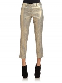 THE LOOKAllover metallic sheenWaistband with belt loopsZip fly with button closureMock front pocketsBack welt pocketsTHE FITRise, about 9Inseam, about 23THE MATERIALLinen/polyester/viscose/elastaneFully linedCARE & ORIGINHand washImportedModel shown is 5'9 (175cm) wearing US size 4. THE LOOKAllover metallic sheenWaistband with belt loopsZip fly with button closureMock front pocketsBack welt pocketsTHE FITRise, about 9Inseam, about 23THE MATERIALLinen/polyester/viscose/elastaneFully linedCARE & ORIGINHand washImportedModel shown is 5'9 (175cm) wearing US size 4.