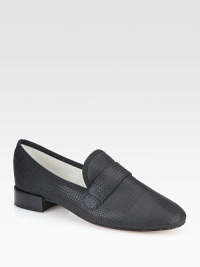 A stacked heel lifts this traditional preppy staple of embossed leather with grosgrain ribbon trim. Stacked heel, 1 (25mm)Embossed leather upper with grosgrain trimLeather lining and solePadded insoleMade in France A stacked heel lifts this traditional preppy staple of embossed leather with grosgrain ribbon trim. Stacked heel, 1 (25mm)Embossed leather upper with grosgrain trimLeather lining and solePadded insoleMade in France
