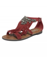 Sparkly with plenty of movement. Rebel's Apache Fringe flat sandals feature a fringed vamp that's topped with layers of rhinestones. Such an interesting, cute combo. Sparkly with plenty of movement. Rebel's Apache Fringe flat sandals feature a fringed vamp that's topped with layers of rhinestones. Such an interesting, cute combo.