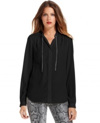 MICHAEL Michael Kors elevates this sleek blouse silhouette by threading a shimmering chain through the collar. MICHAEL Michael Kors elevates this sleek blouse silhouette by threading a shimmering chain through the collar.