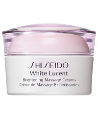Shiseido White Lucent Massage Cream. An exceptional brightening cream that works with the power of massage to create a luminous glow, as it helps diminish the appearance of visible spots, freckles and dullness. Specially developed with Shiseido-original Multi-Target Vitamin C and Spot Deacti-Complex. Retexturizes skin for a flawless healthy look. Formulated with Asian plant extracts to improve moisture balance and smooth skin. Glides on luxuriously and leaves skin feeling velvety soft, relaxed, and comfortable, with no sensation of stickiness. Recommended for all skin types. Apply once or twice a week after softener and before moisturizer. Shiseido White Lucent Massage Cream. An exceptional brightening cream that works with the power of massage to create a luminous glow, as it helps diminish the appearance of visible spots, freckles and dullness. Specially developed with Shiseido-original Multi-Target Vitamin C and Spot Deacti-Complex. Retexturizes skin for a flawless healthy look. Formulated with Asian plant extracts to improve moisture balance and smooth skin. Glides on luxuriously and leaves skin feeling velvety soft, relaxed, and comfortable, with no sensation of stickiness. Recommended for all skin types. Apply once or twice a week after softener and before moisturizer.