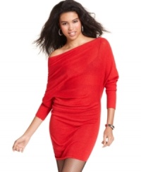 Shine bright like a diamond in Planet Gold's fiery, metallic-flecked sweater dress! Equipped with dolman sleeves and attitude for days. Shine bright like a diamond in Planet Gold's fiery, metallic-flecked sweater dress! Equipped with dolman sleeves and attitude for days.
