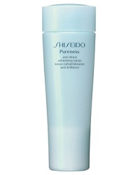 Shiseido Pureness Anti-Shine Refreshing Lotion. A medicated dual-phase lotion with powder that eliminates shine while treating acne. Leaves skin with a cool, fresh sensation. Formulated with oil-absorbing powder to target excess oil and give a perfect matte appearance. Tightens pores for improved smoothness. Calms and soothes the flare-ups and redness associated with acne. Formulated with salicylic acid to reduce the cause of acne. Recommended for oily, blemish-prone and combination skin. Use daily morning and evening after cleansing. Shiseido Pureness Anti-Shine Refreshing Lotion. A medicated dual-phase lotion with powder that eliminates shine while treating acne. Leaves skin with a cool, fresh sensation. Formulated with oil-absorbing powder to target excess oil and give a perfect matte appearance. Tightens pores for improved smoothness. Calms and soothes the flare-ups and redness associated with acne. Formulated with salicylic acid to reduce the cause of acne. Recommended for oily, blemish-prone and combination skin. Use daily morning and evening after cleansing.