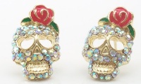 DaisyJewel Top Seller - Rose Skull My Pretty Punk Glam & Girly Zombie Romance - Betsey Johnson Inspired Pink Coral Enamel Flower & Iridescent Diamond-Like Crystal Encrusted Pave Style Gold Sugar Skull Calavera Stud Earrings with Heart Shaped Eyes - Skin-S DaisyJewel Top Seller - Rose Skull My Pretty Punk Glam & Girly Zombie Romance - Betsey Johnson Inspired Pink Coral Enamel Flower & Iridescent Diamond-Like Crystal Encrusted Pave Style Gold Sugar Skull Calavera Stud Earrings with Heart Shaped Eyes - Skin-S