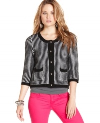 We can't help but to be taken by the regal style of this cardigan from Sweater Project! Waffle-knit design and stately buttons incorporate a dose of high-end fashion sensibility. We can't help but to be taken by the regal style of this cardigan from Sweater Project! Waffle-knit design and stately buttons incorporate a dose of high-end fashion sensibility.