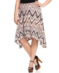 Add pizazz to any outfit with Seven7 Jeans' plus size skirt, featuring a vivid zigzag print. Add pizazz to any outfit with Seven7 Jeans' plus size skirt, featuring a vivid zigzag print.