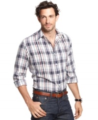 This crisp plaid shirt from Club Room is a perfect, fresh style that accents your classic cool. This crisp plaid shirt from Club Room is a perfect, fresh style that accents your classic cool.