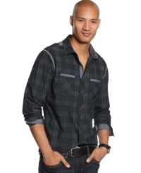 Who knew plaid could look so sexy? This button down by Marc Ecko Cut & Sew boasts stylish details designed to make you look dapper. Who knew plaid could look so sexy? This button down by Marc Ecko Cut & Sew boasts stylish details designed to make you look dapper.