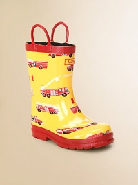 He'll love stomping in puddles when he pulls on these adorable rubber boots with a soft jersey lining, fire truck design and handles for easy on and off.Rubber upperCotton liningRubber soleImported